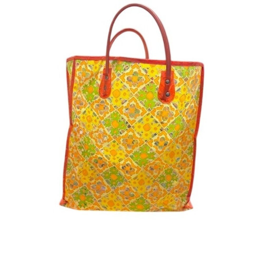 Colorful Mosaic Pattern Tote Bag With Red Handles Transparent Vinyl Exterior And